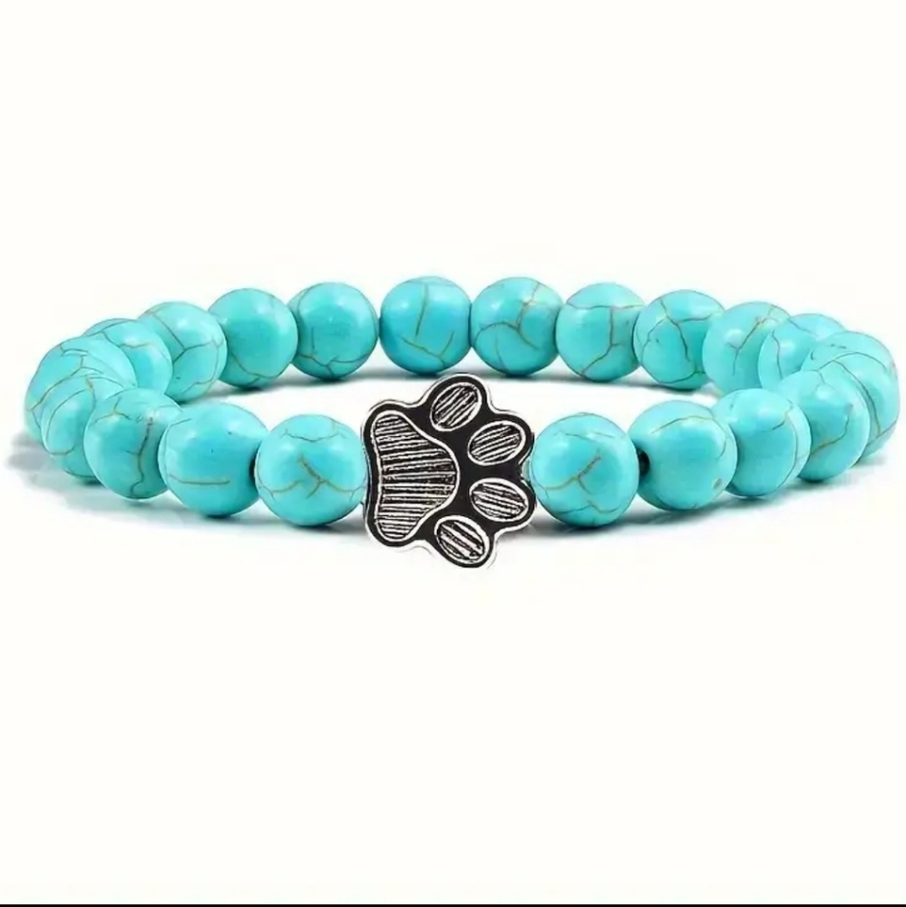 Boho Simulated Turquoise  Ceramic Beads Paw Print  Bracelet Streachy